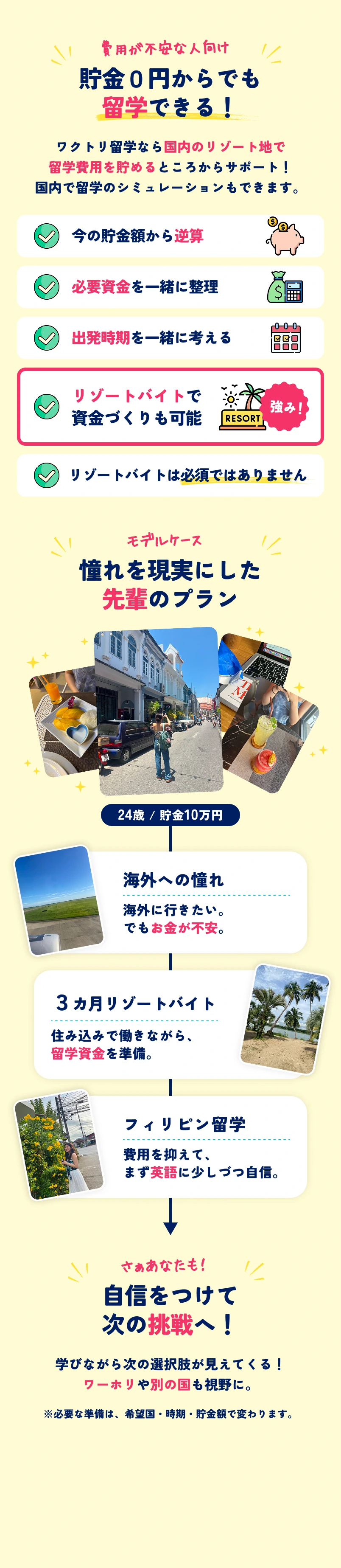 費用が不安な人向け。貯金0円からでも留学できる。今の貯金額から逆算し、必要資金や出発時期、リゾートバイトでの資金づくりも相談可能。