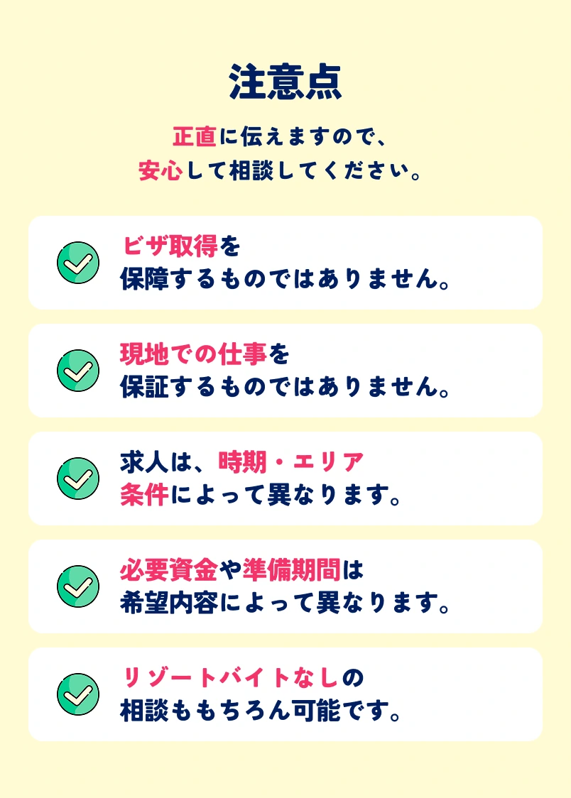 注意点。ビザ取得や現地での仕事を保証するものではありません。求人や必要資金、準備期間は条件によって異なります。リゾートバイトなしの相談も可能です。